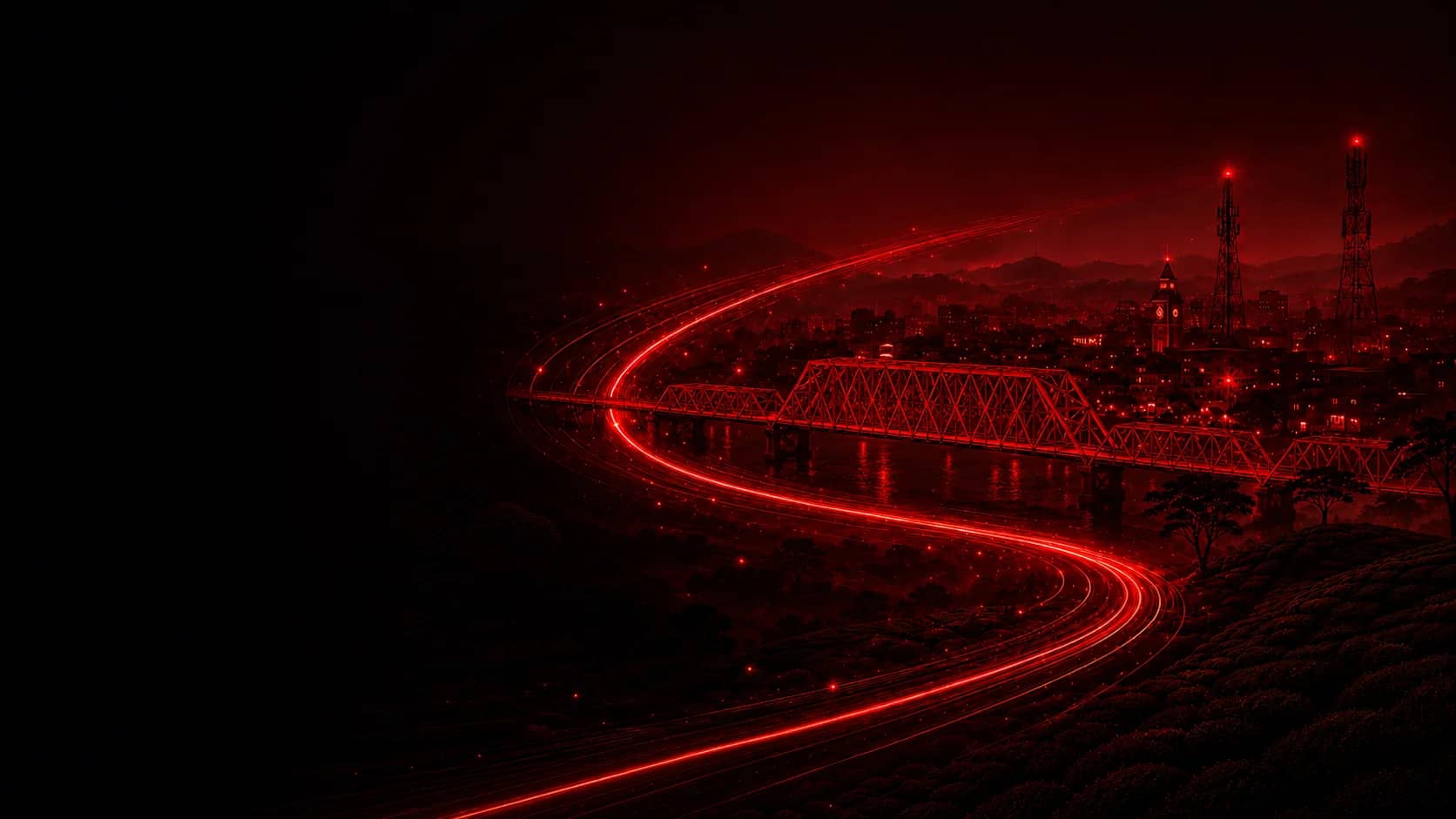 Sylhet city skyline and Keane Bridge at night
